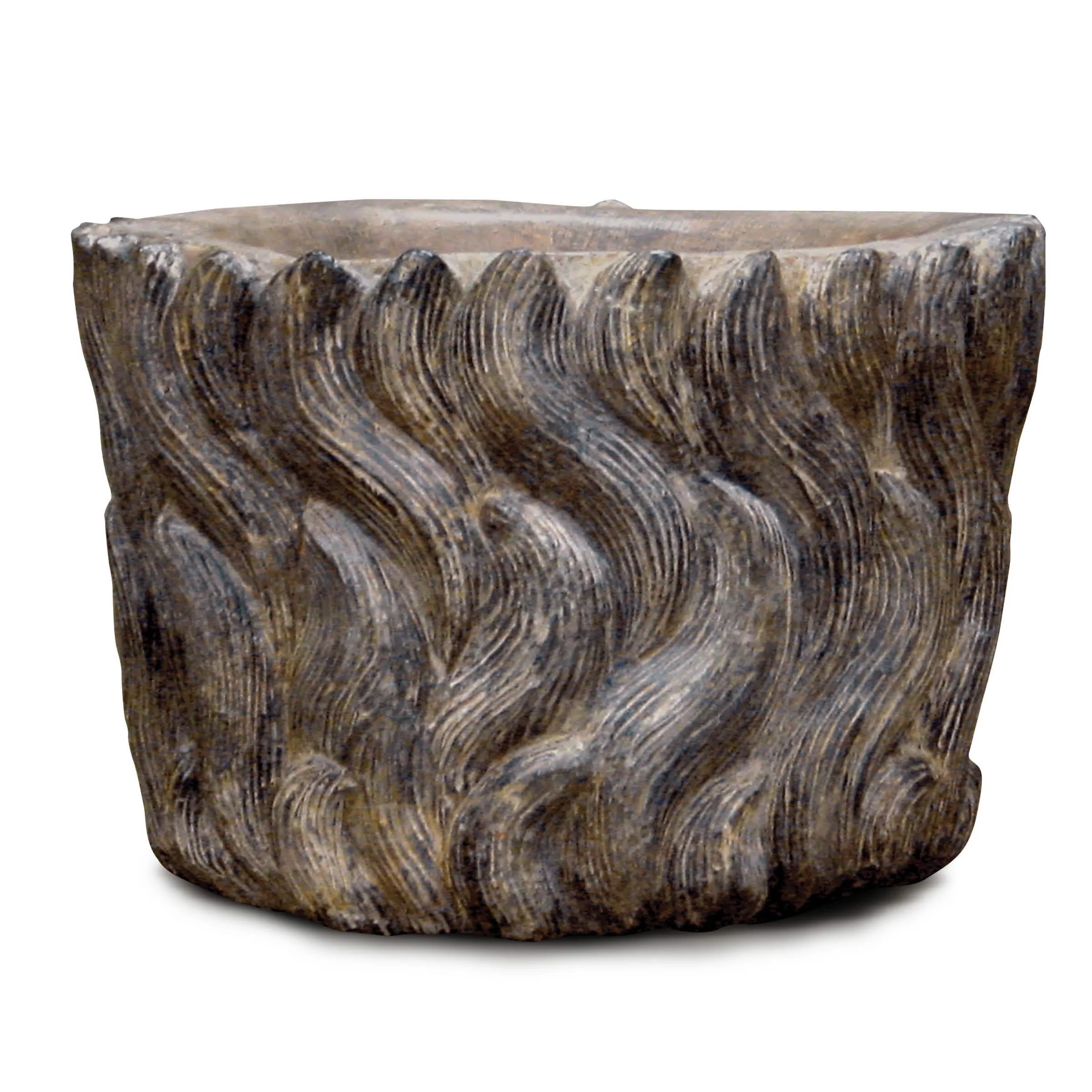 Hand-carved antique stone planter with wave relief